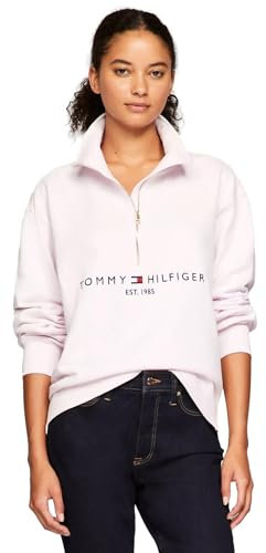 Tommy Hilfiger Sweat-shirt à demi-fermeture éclair avec logo brodé pour femme Collection 2025, rose clair, Taille M