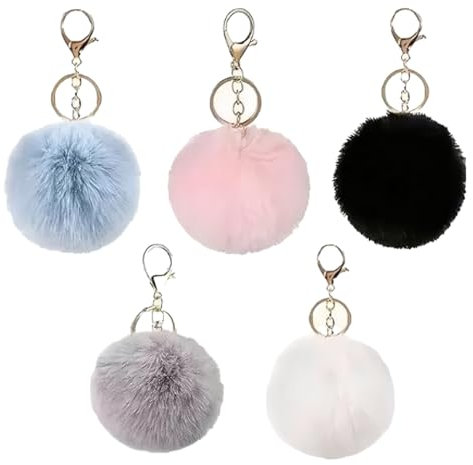 ZEPIQOR Lot de 5 porte-clés à pompons, porte clef pompon, pompon porte clé, pendentif de sac en peluche, porte-clés pompon, accessoire de boule en peluche, porte-clés pour sac à main, clés, voiture