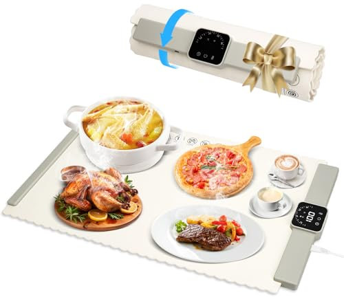 Chauffe Plat Électrique, Plaque Chauffante avec Température Réglable 60°C - 100°C et Minuteur de 4 Heures, Pliable Silicone Chauffe Assiette à Réchaud pour Bithday, Mariage, Fêtes et Buffets Banquet