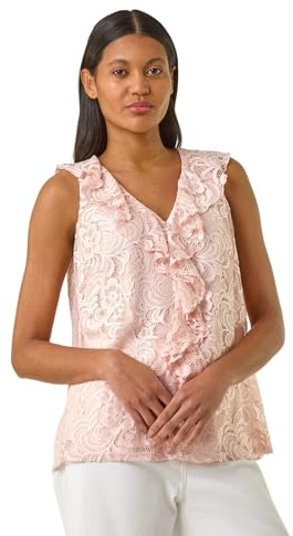 Roman Women Frill Front Vest Top Ladies Ruffle Blouse Summer Spring Special Occasion Evening Holiday Cruise Cocktail Party Short Long Sleeve Sleeveless V-Neck - Pink - Size 16