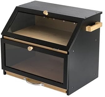 Double Decker Bamboo Bread Bin 2-Tier Bread Box With Cutting Board And Knife Holder Naturally Antibacterial Sustainable Eco Friendly Storage Box Organic Premium Kitchen Organiser (Black / Natural)