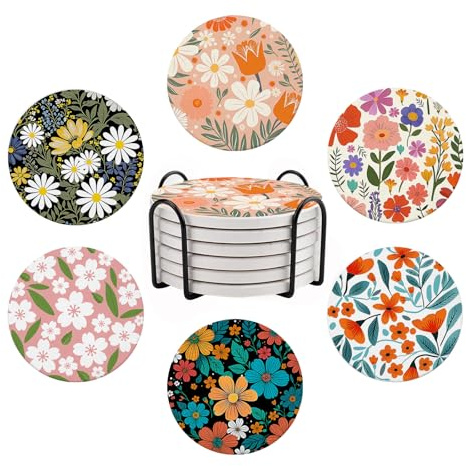 6 Pcs Flower Ceramic Coaster with Holder, Art Flower Absorbent Drink Coasters for Drinking, Round Non-Slip Drink Coffee Bar Mug Cup Decoration Gifts