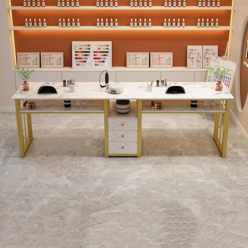 PA-DABAOO Nail Table for Multi-Person,Marbling Texture Nail Desk with 3 Drawers, Steel Frame Utility Nail Tech Desk,Double-Layer Storage Design,Salon Furniture,240CM