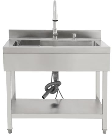 Gdetnysty Lavello autoportante in acciaio inox con rubinetto estraibile, per casa, garage, giardino, molto resistente, con scolapiatti e angolo rotondo, facile da montare (argento 90 x 60 x 80 cm)