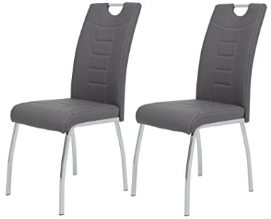 Hela Tische, 2er Set Esszimmerstuhl Andrea, Bezug Kunstleder Grau, Rundrohgestell Chrom, 100x43x64 cm
