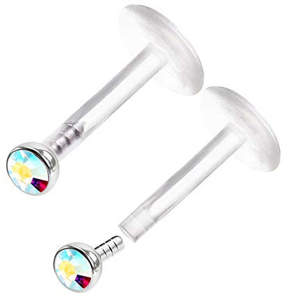 KJM FASHION 2 STK Flexibles Acryl Push In Lippe 1.2 mm 16gauge 6 mm 1/4 Inch 2mm Aurora Borealis Spiderbite Spider Bite Ohrringe Cartilage Piercing Schmuck 0300