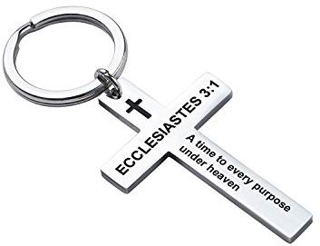 Ldurian Porte-clés chrétien en forme de croix pour homme avec inscription religieuse et verset de la Bible, ECCLESIASTES 3:1, Acier inoxydable, Sans pierre précieuse