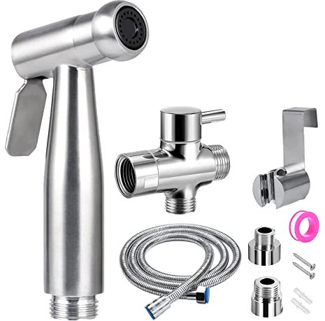 Douchette Wc Kit Complet - Kit Douchette Wc avec Vanne 3 Voies (1/2-3/8) I Tailles Standards France (Argent)