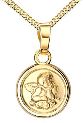 JEVELION Goldkette Schutz-Engel-Anhänger 585 Gold 14 Karat / 14K rund Kettenanhänger mit Gravur Mit Kette Länge 60 cm