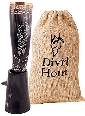 Corne à boire Viking avec support en fer véritable Divit | Ornements en laiton et sac-cadeau en toile de jute inclus | Corne de 13 ’’ et capacité de 16 oz (400 ml) | L'original. (Ormr, Polished)