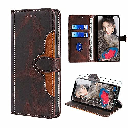 xinyunew Lederhülle für Nokia 5.4 Hülle mit 2 Stück Panzerglas Schutzfolie, PU Leder Flip Wallet Handyhülle für Nokia 5.4 Handyhülle-Braun