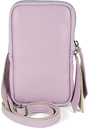 styleBREAKER Damen Leder Handy Umhängetasche mit genarbter Oberfläche, Reißverschluss, Echtleder Mini Bag 02012374, Farbe:Flieder