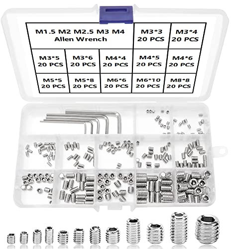 YIXISI 245 Piezas Tornillos Prisioneros de Cabeza Hexagona, Inoxidabl Hexagonal Grub Screw Kits, Screw Cabeza Hexagonal (M3 M4 M5 M6 M8) con llave Allen