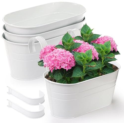 Foraineam 4 Pack Hanging Flower Pots, Metal Iron Plant Pot Holders, Large Fence Railing Balcony Garden Hanging Bucket Planters with Detachable Hooks for Indoor and Outdoor Decor