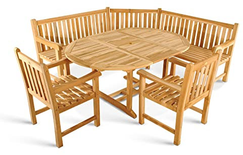 SAM 4tlg. Gartengruppe Borneo, Teakholz massiv, Garten-Set bestehend aus 1x Gartentisch 120-170 x 100 cm, 2X Gartensessel Caracas, 1x Eckbank, für Terrasse, Wintergarten & Garten