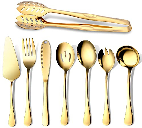 OGORI Juego de cubiertos de 8 piezas doradas, cubiertos de acero inoxidable pulido, incluye alicates para servir, servidor de pasteles, tenedor, cuchillo de mantequilla, cuchara ranurada, cuchara,