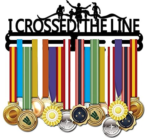 SUPERDANT Medaillen Aufbewahrung Laufmedaillen Medaillen Halter Motivierendes Wort I Crossed The LINE Schwarzem Eisen Medaillenhalter Für Wettkampf Wandbehang 40x15cm Geschenke für Sportler Kinder