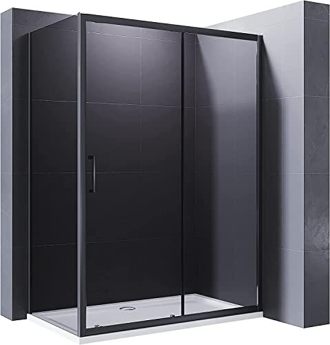 ELEGANT 1200x760mm Black Sliding Shower Enclosure 8mm Easy Clean Glass Shower Cubicle Door with Stone Tray + Side Panel
