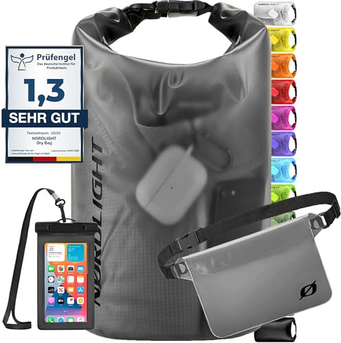 Nordlight wasserdichte Tasche 3er Set (Anthrazit) - Dry Bag 30l + wasserdichte Handyhülle + wasserdichte Hüfttasche | IPX8 Schutz | Mit Verstellbaren Gurten Für Strand, Stand Up Paddling