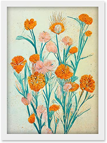Boho Marigold Flowers Teal Orange Painting Artwork Framed Wall Art Print A4