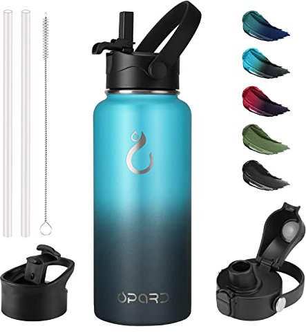 Opard 1L Edelstahl Trinkflasche, 3 Deckel (Strohhalmdeckel, Klappdeckel, Ausgießerdeckel),Thermoskanne Vakuum Doppelwandisolierung Auslaufsicher Thermosflasche für Sport, Reisen, Camping