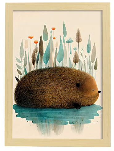 Nacnic Biber Poster im Präzisionsstil. Illustrationen süßer schlafender Tiere in warmen Farben für Kinderzimmer. Innenarchitektur und Dekoration. A4 mit Leichtholzrahmen.
