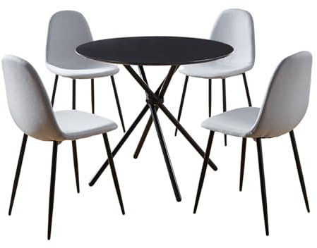 Hallowood Furniture Cullompton Small Round Dining Table and Chairs Set 4 | 90cm Black Wooden Effect Top Table with 4 Chairs in Grey Fabric, Easy Assembly Modern Dining Room Sets for Home and Café
