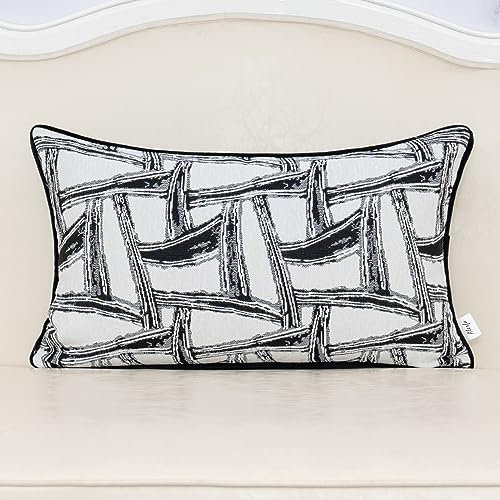 Alerfa 30,5 x 50,8 cm rechteckiger schwarz-weißer unregelmäßiger geometrischer Plaid Streifen Chenille Jacquard Kissenbezug Luxus Modern Lendenwirbelkissen Kissenbezug dekoratives Kissen für Couch
