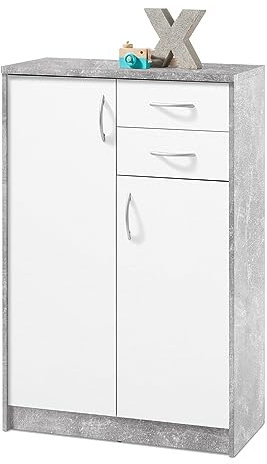 Home4You Kommode Highboard Mehrzweckschrank | Dekor | Betonoptik | Weiß | 2 Türen | 2 Schubladen