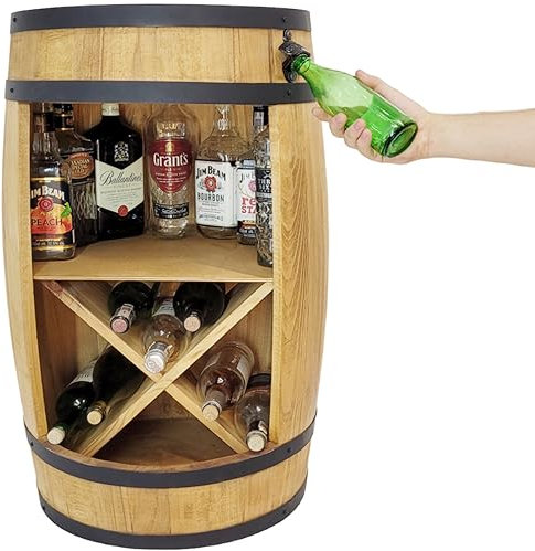 weeco Holzfass mit Flaschenöffner und Weinregal. Fassbar XXL 80x50cm - Rustikale deko Barschrank - Hausbar Weinrefal, Fassbier, Whisky Bar. Geschenk für Männer