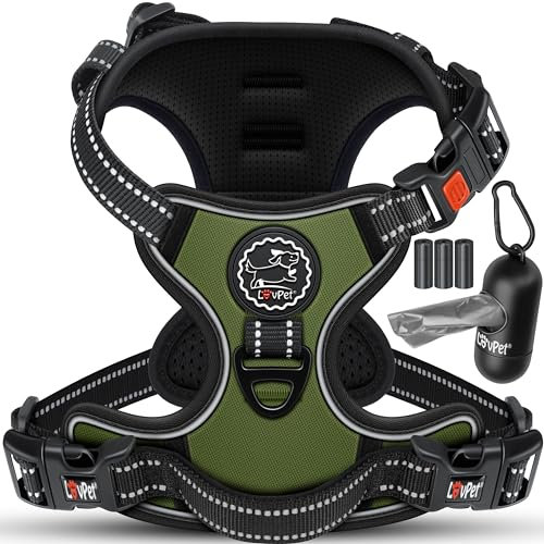LOVPET® Hundegeschirr ohne Zug & Würgen für kleine Hunde & Welpen atmungsaktiv & weich Brustgeschirr reflektierend | No-Pull-Geschirr inkl.Beutelrollen | Verstellbares Geschirr mit Griff Khaki - XL