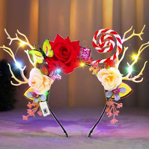 Edary Bandeau lumineux en forme de bois de renne de Noël avec fleurs et fleurs - Accessoire de cheveux de Noël pour femmes et filles (fleur rouge)