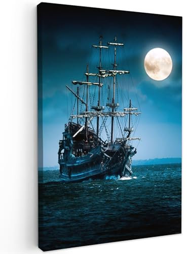 MuchoWow© Impression sur Toile Peinture 40x60 cm Tableau Mural Decoration Salon Reproductions de Tableaux Murale Moderne Pirates - Bateau - Mer - Nuit - Lune