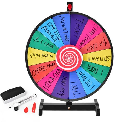 SOARS 18 Glücksrad zum Drehen, Gluecksrad inkl. Whiteboard Marker & Schwamm, Glücksrad zum selbstgestalten, Preisrad, Tischglücksrad für Wortspiele, Neujahr, Party (φ48cm, 14 Teile)