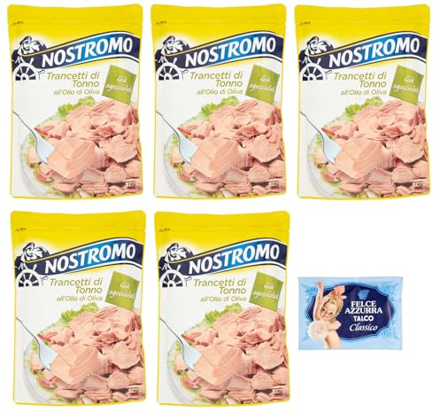 5er-Pack Nostromo Trancetti di Tonno all'olio di oliva,Thunfischsteaks in Olivenöl,1Kg Beutel + 1er-Pack Kostenlos Felce Azzurra Talkumpuder, 100g-Beutel