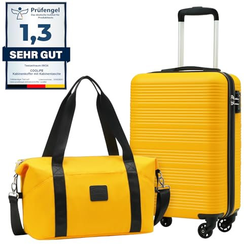 COOLIFE Valise cabine 55 x 35 x 20 cm pour compagnie aérienne Ryanair Bagage à main Bagage cabine Valise rigide légère avec serrure TSA et 4 roues rotatives, jaune/noir, 55×35×20cm -Set 2tlg, Valise