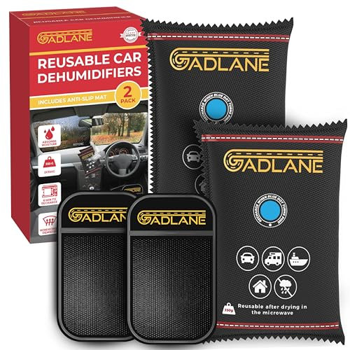 GADLANE Deshumidificador Coche Reutilizable Pack de 2 - 350g Absorbente de Humedad con Alfombrillas Antideslizantes, Deshumidificador para Coche, Bolsas de Gel de Sílice, Elimina Condensación