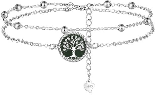 Lydreewam Bracelet de Cheville Arbre de Vie Émail Vert pour Femme Argent Sterling 925 Double Chaînes avec Boules Été Plage Bracelet de Pied, Réglable 22+4cm