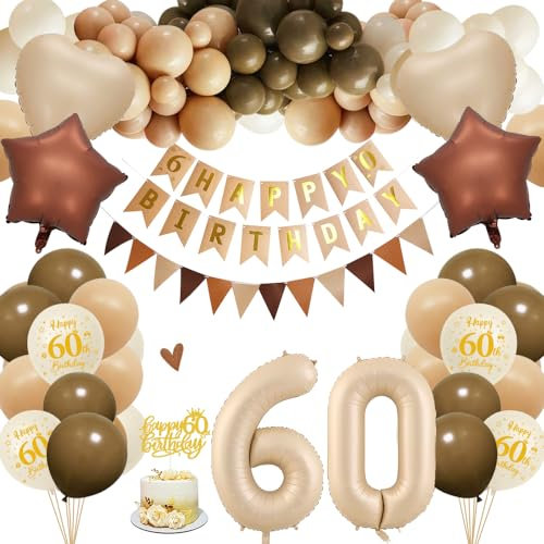 60. Geburtstagdeko Frauen Männer, 60 Jahre Braun Beige Ballon Arch Kit mit Happy Birthday Banner, Cake Topper, Geburtstag Zahlen Luftballon 60, Folienballon, Party Deko für 60 Geburtstag