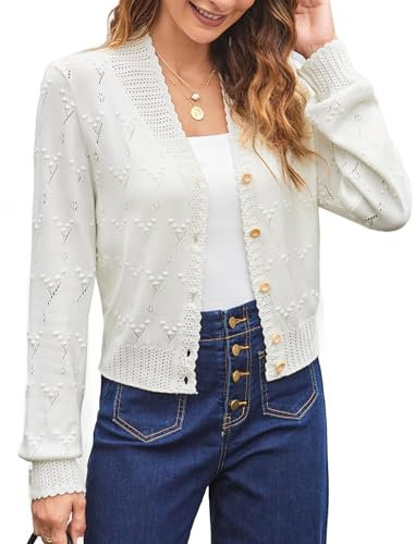 Belle Poque Ladies Elegant Chunky Cardigan Button V Neck Cardigan Long Sleeves Cardigan for Women Shrug White M