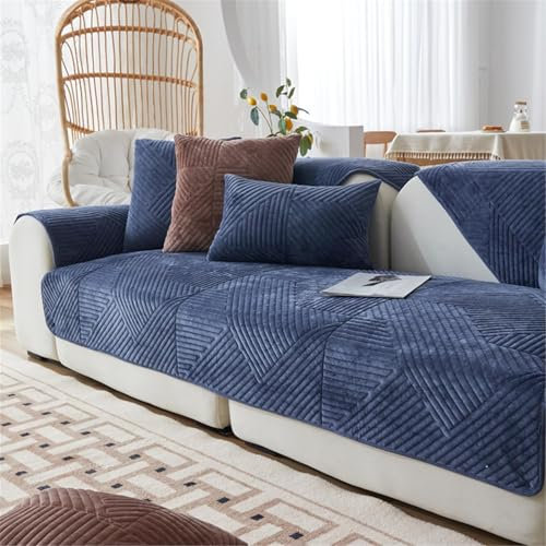 FASCINATDECO Sofa Überzug, Samt Sofabezug 1/2/3/4 Sitzer, Sofaschoner rutschfest, Couch überzug L Form Sofaüberwurfe, Sofa Sitzkissenbezug, Waschbar Couchbezug (Dunkelblau,90x120cm)