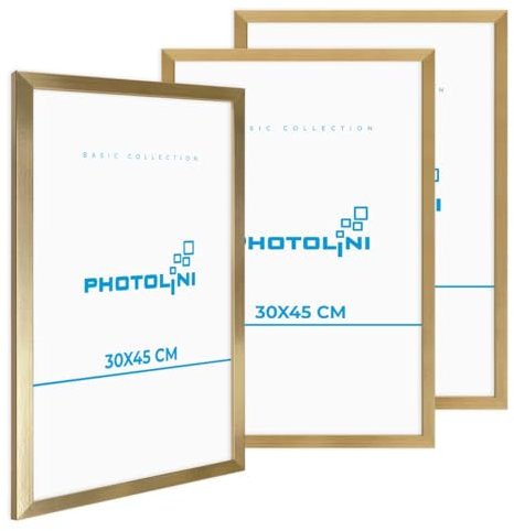 PHOTOLINI Bilderrahmen 30x45 Gold MDF-Holz, 3er Set Poster-Rahmen, bruchsicheres Acrylglas, zum Aufhängen, extra Zubehör - für Fotos & Poster
