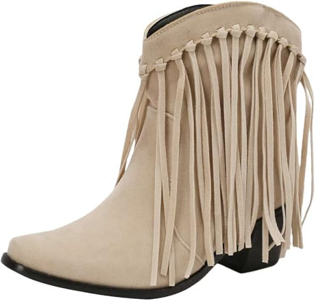 rismart Femmes Cowboy Chevilles Bottines Frangées Large Mollet Petit Bout Carré Western Bootie Beige, 38.5 EU