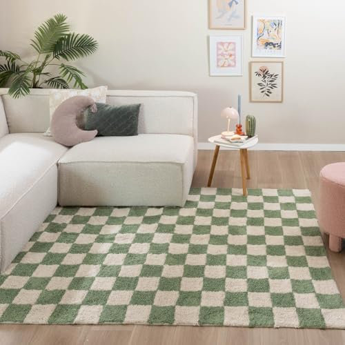 FRAAI | Home & Living Retro Teppich - Gambit Grün Weiß - Blöcke - Wohnzimmer, Kinderzimmer, Schlafzimmer - Fellteppich - Carpet
