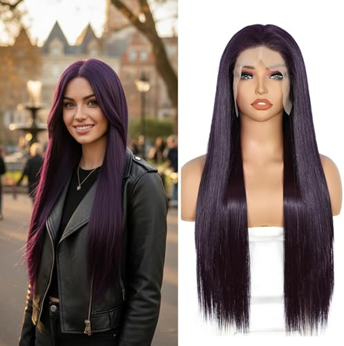 Sapphirewigs Lange gerade Perücke Violett 13x6 Lace Front Perücke Damen Gerade synthetische Haare 150% Dichte Party täglich tragen Weihnachten 26 Zoll