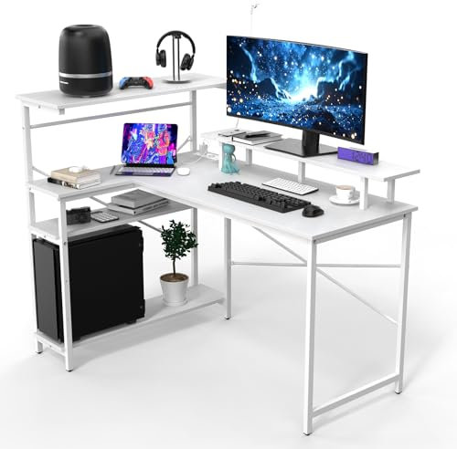 Mesa Gaming Blanca con Puerto de Carga USB y Toma de Corriente, Escritorio Esquinero Mesa de Ordenador con Estantes de Almacenamiento y Soporte Monitor para Hogar Oficina Estudio, 130×55x75 cm(blanco)