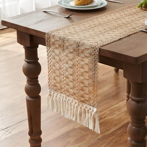 Tischläufer Jute 30 x 140 Natur Juteläufer Quasten Landhausstil Boho Leinen Tischläufer Braun Waschbar Tisch Dekoration für Party Geburtstag Taufe Valentinstag Hochzeit Vintage Dekor