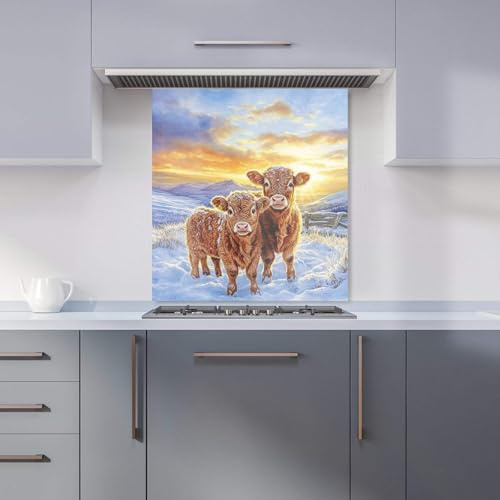 Premium Snowy Baby Highland Cows Kitchen Splashback 6mm Toughened Glass Kitchen Splashback – Heat Resistant Splashback for Kitchens, Perfect for Cookers and Hobs, Polished Edges