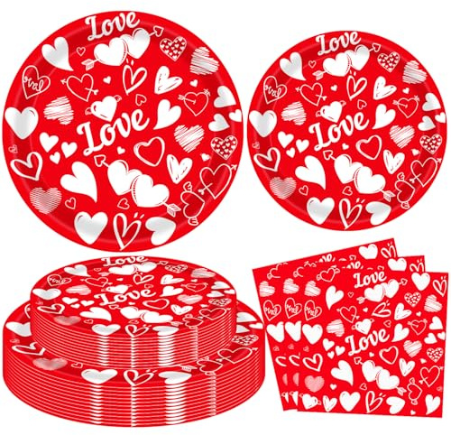 LWYGEGJO 120 Pcs Valentines Party Decorations Red Heart Love Valentines Plates and Napkins for Valentine Day Party Supplies, Mother's Day Décor Anniversary Serve 40