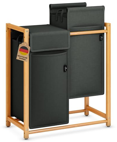 AdelDream Wäschekorb Kleidersortierer 2 Fächer Wäschewagen mit abnehmbaren Taschen Kleidersammler Bambus 100L Dunkelgrau